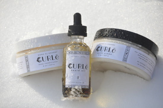 three curl care products; custom whipped styling cream; custom deep conditioner; custom beard oil